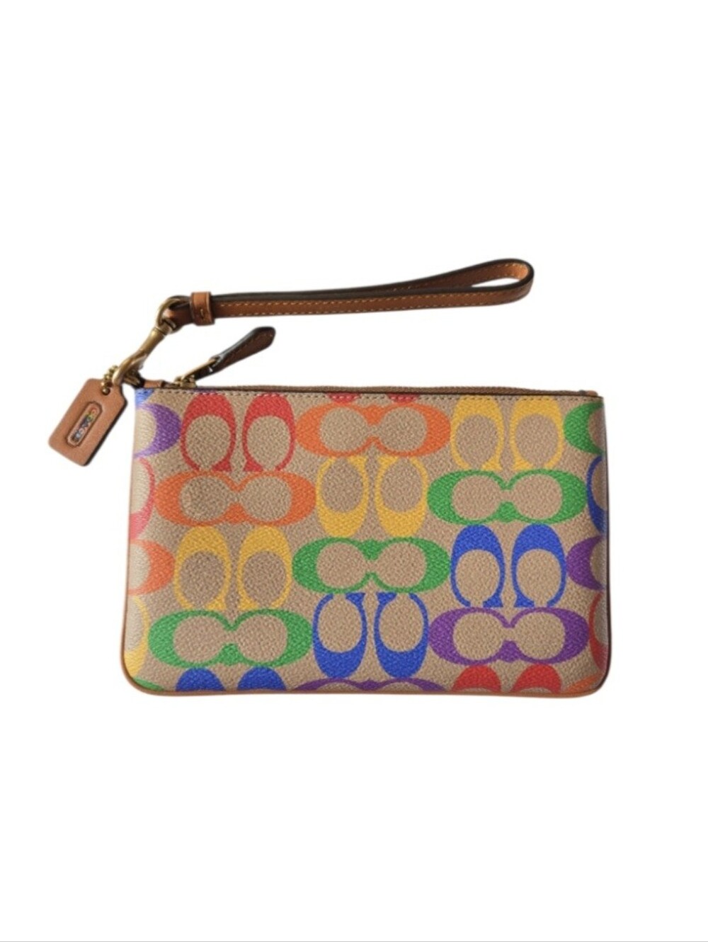 Coach Rainbow Signature Canvas Wristlet - Tan Trim EUC